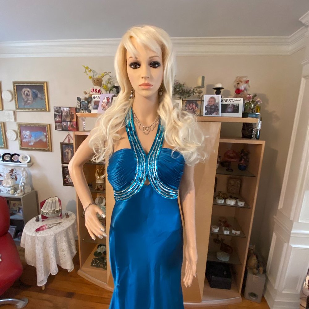 Stunning Blue Sequined Evening / Prom Floor Length Gown